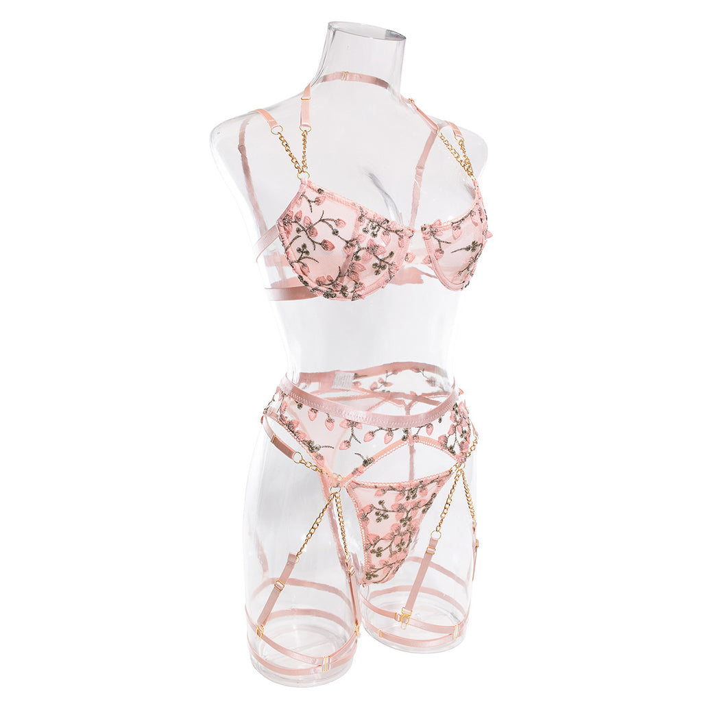 Floral Embroidery See-Thru Sexy Bra Panty Garter Lingerie Set For Roma   SeventhLove's