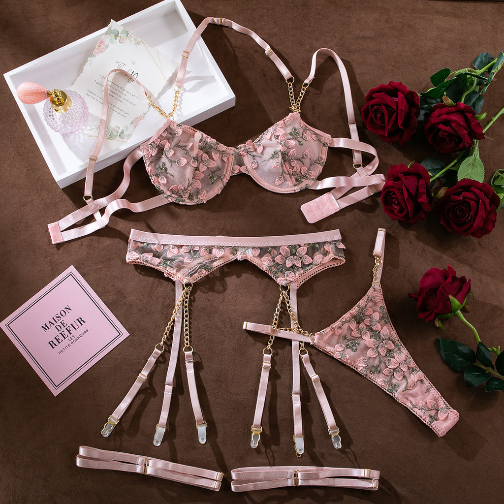 Floral Embroidery See-Thru Sexy Bra Panty Garter Lingerie Set For Roma SeventhLove's Floral Embroidery See-Thru Sexy Bra Panty Garter Lingerie Set For Roma SeventhLove's