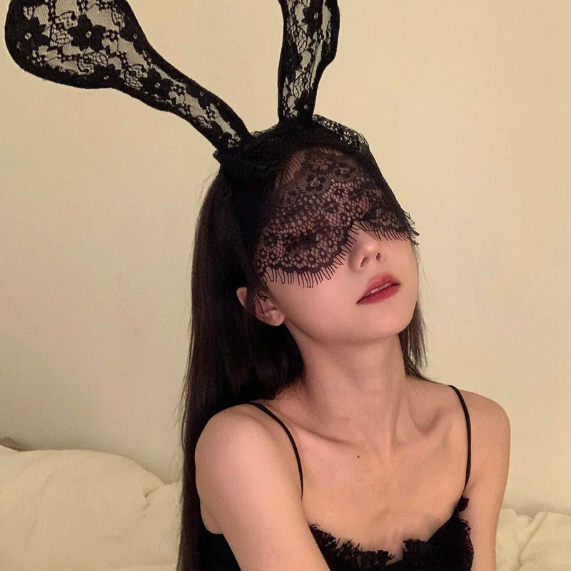 Sexy Cute Black Lace Veil Adult Rabbit Ears Headband